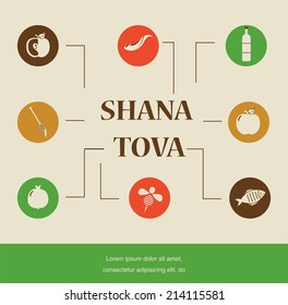  Jewish new year holiday Rosh Hashanah with traditional icons. "Happy New Year" in Hebrew. infographic design