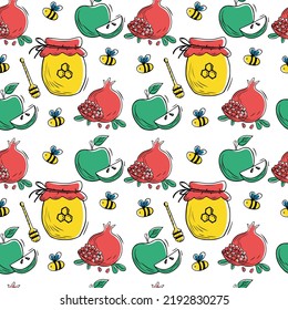 Jewish New Year holiday. Rosh Hashanah. Seamless pattern. Hand drawn doodle fruits repeating background. Pomegranate fruit, apples, honey jar. Vector