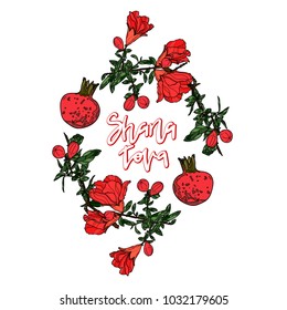 Jewish New Year Holiday. Shana Tova Greeting Card. Hand Drawn  Pomegranate Fruit, Flowers, Leaves. Vector illustration.