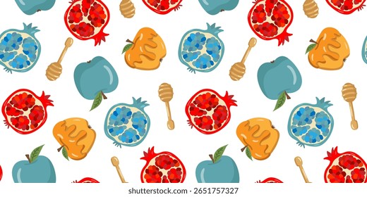 jewish new year repeating design traditional sweet food symbols festive bright print rosh hashanah seamless pattern white background apples pomegranates honey