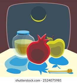 Jewish New Year, Rosh Hashana greeting card with New  Moon in the night window, moonlight on symbols of this jewish holiday: Pomegranate, Apple, Honey and dipper with blue shadows. Shana tova umetuka!