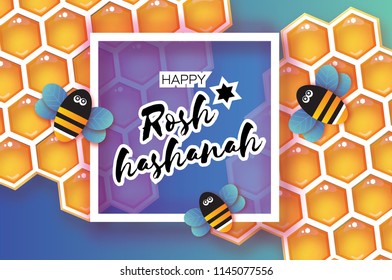 Jewish New Year, Rosh Hashanah Greeting card. Honey gold cell and Honey Bee in paper cut style. Happy holiday in Hebrew. Square frame for text. Blue background.