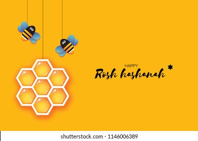 Jewish New Year, Rosh Hashanah Greeting card. Origami Hexagon Honey gold cell and Honey Bee in paper cut style. Happy holiday in Hebrew. Yellow background.