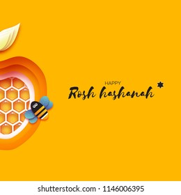 Jewish New Year, Rosh Hashanah Greeting card. Apple shape with honey gold cell and honey bee in paper cut style. Origami happy holiday in Hebrew. Yellow background.