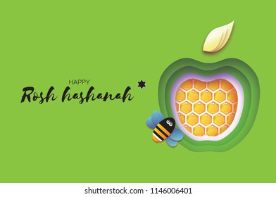 Jewish New Year, Rosh Hashanah. Apple Paper cut style. Holiday. Vector