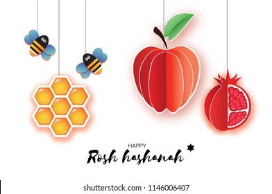 Jewish New Year, Rosh Hashanah Greeting card. Origami Red Apple with and pomegranate, Honeycomb and Honey Bee in paper cut style. Happy holiday in Hebrew. White background.