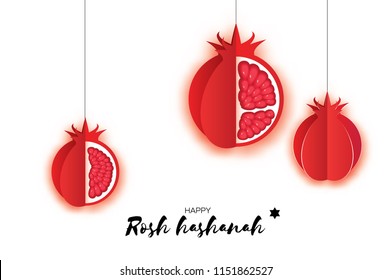 Jewish New Year, Rosh Hashanah. Pomegranate Paper cut style. Holiday.