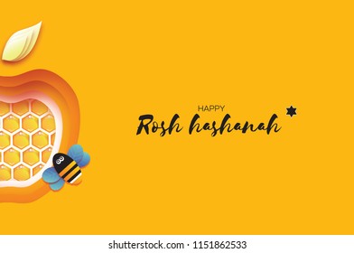 Jewish New Year, Rosh Hashanah Greeting card. Apple shape with honey gold cell and honey bee in paper cut style. Origami happy holiday in Hebrew. Yellow background.