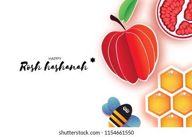 Jewish New Year, Rosh Hashanah. Apple Paper cut style. Holiday. Vector