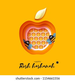 Jewish New Year, Rosh Hashanah Greeting card. Apple shape with honey gold cell and honey bee in paper cut style. Origami happy holiday in Hebrew. Yellow background.