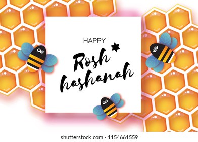 Jewish New Year, Rosh Hashanah Greeting card. Origami Honey gold cell and Honey Bee in paper cut style. Happy holiday in Hebrew. Square frame for text. White background.