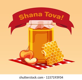 Jewish New Year Rosh Hashanah, Shana Tova illustration. Rosh Hashanah greeting card. Greeting card with traditional food: honey and apples. Ribbon with Shana Tova lettering, vector illustration.