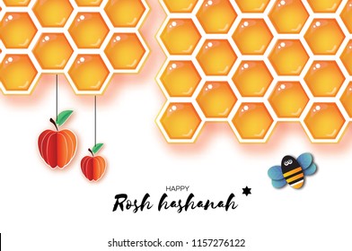 Jewish New Year, Rosh Hashanah Greeting card. Origami Apple with Honey gold cell and Honey Bee in paper cut style. Happy holiday in Hebrew. White background.