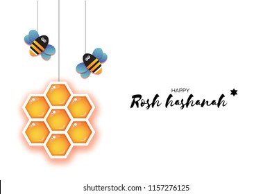 Jewish New Year, Rosh Hashanah Greeting card. Origami Hexagon Honey gold cell and Honey Bee in paper cut style. Happy holiday in Hebrew. White background.