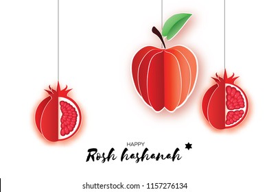 Jewish New Year, Rosh Hashanah. Apple Paper cut style. Holiday. Vector