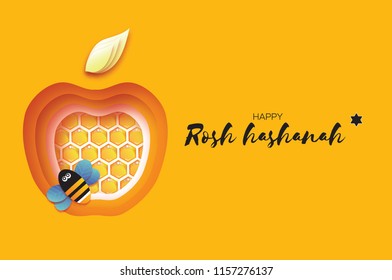 Jewish New Year, Rosh Hashanah Greeting card. Apple shape with honey gold cell and honey bee in paper cut style. Origami happy holiday in Hebrew. Yellow background.