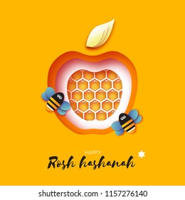 Jewish New Year, Rosh Hashanah Greeting card. Apple shape with honey gold cell and honey bee in paper cut style. Origami happy holiday in Hebrew. Yellow background.