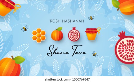 Jewish New Year, Rosh Hashanah Greeting card. Vector illustration with Apple, pomegranate, Honey gold cell, jar of honey and Honey Bee in paper cut style. Holiday banner. Light blue background.