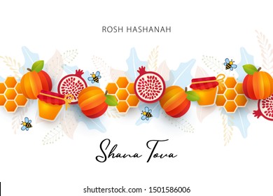 Jewish New Year, Rosh Hashanah Greeting card. Vector illustration with border made of paper cutted Apple, pomegranate, Honey cell, jar of honey and Bees. Holiday banner. White background.