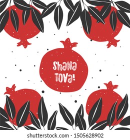 Jewish new year (Rosh Hashanah) postcard or invitation template with hand drawn pomegranate and greeting message "shana tova"; minimalist design in red, white, black; square composition; vector