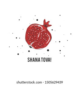 Jewish new year (Rosh Hashanah) postcard or invitation template with hand drawn pomegranate and greeting message "shana tova"; minimalist design in red, white, black; square composition; vector