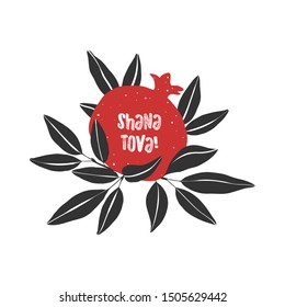 Jewish new year (Rosh Hashanah) postcard or invitation template with hand drawn pomegranate and greeting message "shana tova"; minimalist design in red, white, black; square composition; vector