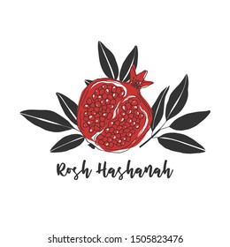 Jewish new year (Rosh Hashanah) postcard or invitation template with hand drawn pomegranate and greeting message; minimalist design in red, white, black; square composition; vector illustration