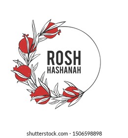 Jewish new year (Rosh Hashanah) postcard or invitation template with hand drawn pomegranate wreath and greeting message; minimalist design in red, white, black; square composition; vector illustration