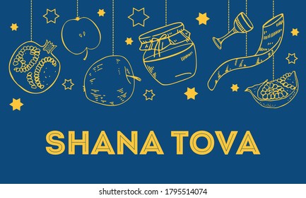 Jewish new year Rosh Hashanah design template with traditional objects hanging on the top of the page. Title in Hebrew Have a good year. Hand drawn vector sketch illustration