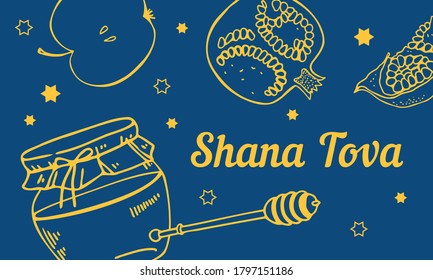 Jewish new year Rosh Hashanah composition with fruits and honey. Title in Hebrew Have a good year. Hand drawn vector sketch illustration
