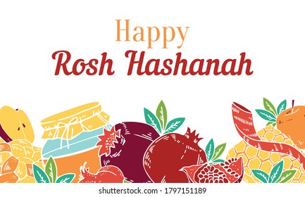 Jewish new year Rosh Hashanah design template with traditional objects and food on the bottom of the page. Title in Hebrew Head of the year. Hand drawn vector sketch illustration