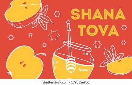 Jewish new year Rosh Hashanah design template. Title in Hebrew Have a good year. Apples and honey. Hand drawn vector illustration