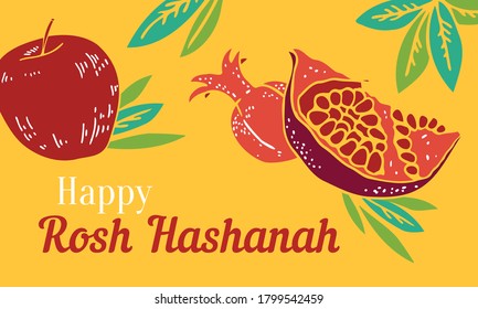 Jewish new year Rosh Hashanah design template with pomegranates and apple. Title in Hebrew Head of the year. Hand drawn vector illustration