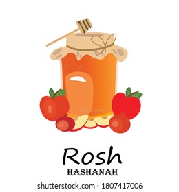 Jewish new year. Rosh hashanah, shana tova israel holiday greeting card with tradition symbol honey jar apple and pomigranate vector illustration.