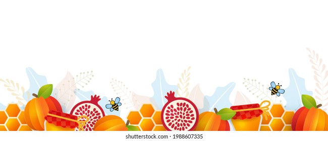 Jewish New Year, Rosh Hashanah vector illustration with border frame made of Apple, pomegranate, Honey cell, jar of honey and Bees. Holiday decoration for greeting card, web banner, poster, promo ads.