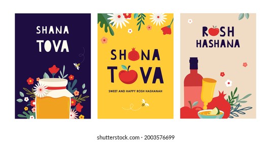 Jewish new year, rosh hashanah, greeting card set with traditional icons. Happy New Year. Apple, honey, pomegranate, flowers and leaves, Jewish New Year symbols and icons. Vector illustration