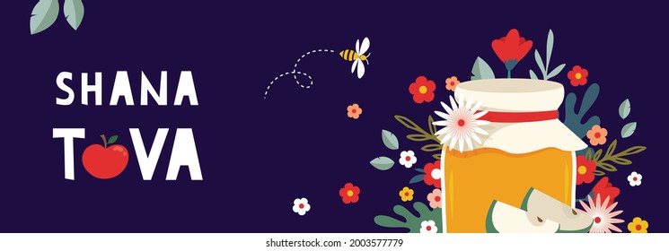 Jewish new year, rosh hashanah, greeting banner with traditional symbols, flowers and leaves. Happy New Year, Shana Tova in Hebrew. vector illustration