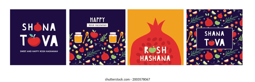 Jewish new year, rosh hashanah, greeting card set with traditional icons. Happy New Year. Apple, honey, pomegranate, flowers and leaves, Jewish New Year symbols and icons. Vector illustration