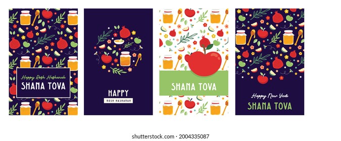 Jewish new year, rosh hashanah, greeting card set with traditional symbols. Happy New Year, Shana Tova in Hebrew. Apple, honey, flowers and leaves pattern. Jewish New Year symbols and icons. Vector