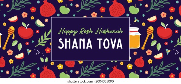 Jewish new year, rosh hashanah, greeting banner with traditional symbols. Happy New Year, Shana Tova in Hebrew. Apple, honey, flowers and leaves pattern. Jewish New Year symbols and icons. Vector