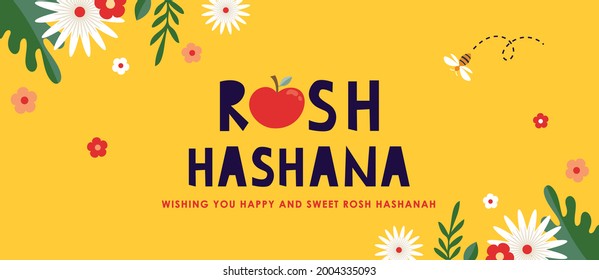 Jewish new year, rosh hashanah, greeting banner with traditional symbols, flowers and leaves. Happy New Year, Shana Tova in Hebrew. vector illustration