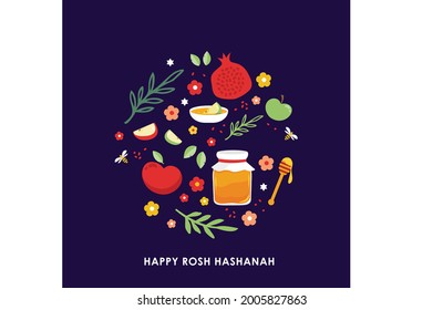 Jewish new year, rosh hashanah, greeting card with traditional icons. Happy New Year. Apple, honey, pomegranate, flowers and leaves, Jewish New Year symbols and icons. Vector illustration