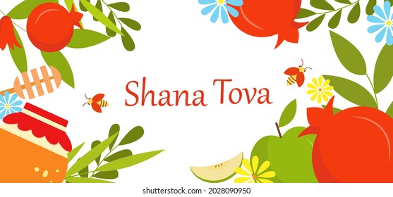 Jüdisches Neujahr, Rosh Hashanah Grußkarte. Apfel, Granatapfel, Honiggoldzelle, Honigglas und Honigbiene, Vektorgrafik. Urlaubsbanner. Shana Tova - Glückliches und süßes neues Jahr auf Hebräisch. Weißer Hintergrund.