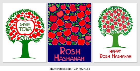 Jewish new year, rosh hashanah, greeting card set with traditional icons. Happy New Year. Apple, pomegranate and leaves, Jewish New Year symbols and icons.  Universal trendy Holidays art templates. 