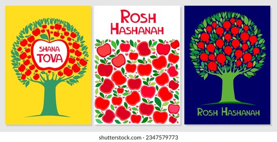 Jewish new year, rosh hashanah, greeting card set with traditional icons. Happy New Year. Apple, pomegranate and leaves, Jewish New Year symbols and icons.  Universal trendy Holidays art templates. 