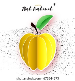 Jewish New Year, Rosh Hashanah. Yellow Apple with leaf in Paper cut style. Holiday. Vector