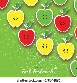 Jewish New Year, Rosh Hashanah. Apple Paper cut style. Origami Holiday. Vector