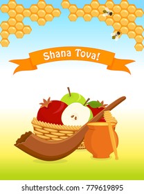 Jewish New Year Rosh Hashanah, apples and pomegranates in basket, honeycombs, shofar and honey jug, traditional holiday symbols, greeting inscription - Happy New Year