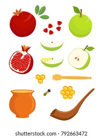 Jewish New Year Rosh Hashanah, apple and pomegranate, shofar and honey, holiday symbols set, design element for harvest festival