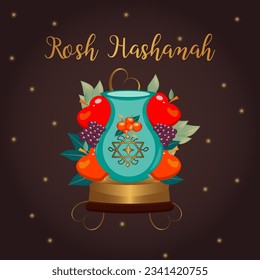 Jewish New Year. Shana Tova, Rosh Hashanah holiday symbols WITH VASE and FRUITS greeting posters. Gold text on dark invitation cards.